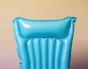 A bright, inflated blue pool float against a warm gradient background