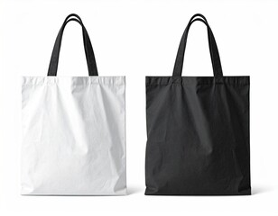 Two tote bags, one white, one black, with black handles, against white