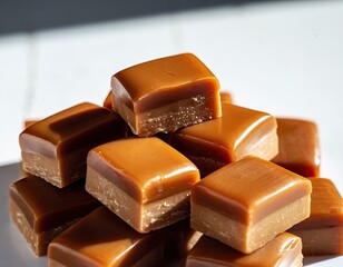 Stack of glossy, layered confections, caramel color