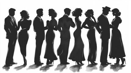 Silhouettes of dancing couples in elegant attire creating a romantic atmosphere, dance advertising web, hobby for adults, tango music blogs, tango Dj, milonga, tango Championship in Buenos Aires
