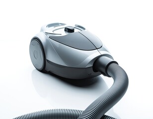 Silver and gray canister vacuum cleaner on a white, reflective surface