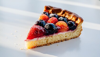 A slice of fruit tart with berries on a white surface, lit by sun