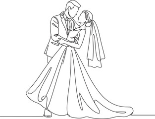 Fototapeta premium Minimal line art illustration of romantic wedding couple dancing together in elegant outline style