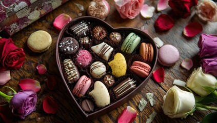 Gourmet Heart Box of Chocolates  Macarons with Romantic Rose Petals  Flowers.