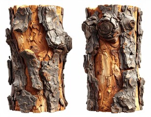 Two wood sections with detailed bark texture