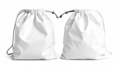Two white drawstring bags with closed tops, isolated on a white background