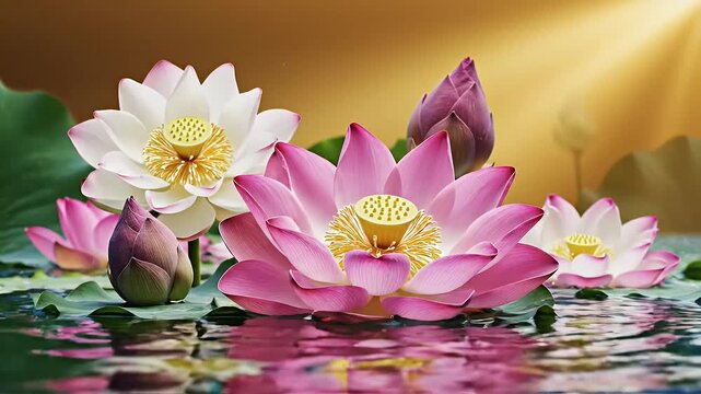 Khmer New Year background with flowing water symbolism and lotus flowers for Cambodian festival