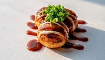 Golden, spherical, savory food with toppings and sauce on a bright surface