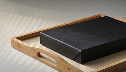 A black, wrapped rectangular object rests on a wooden tray in soft light