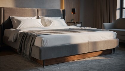 Luxurious bedroom with a modern bed, side table, and armchair