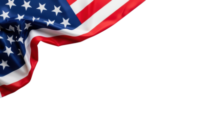 Vibrant American flag softly draped, elegant folds, subtle shadows, high angle, transparent background, vast copy space right/bottom, concept of national pride.