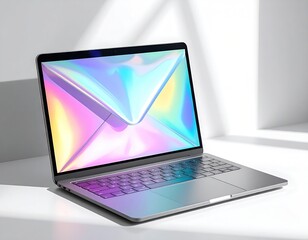 Sleek laptop displays a colorful, holographic envelope on white surface
