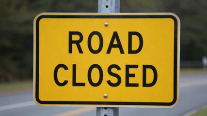 Road closed yellow warning sign on street indicating complete block due to transport hazard or work