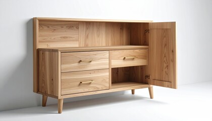 Wooden cabinet with drawers and open door, against a white wall