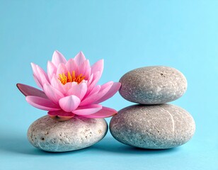 Pink water lily on balanced stones against blue. Serene spa setup