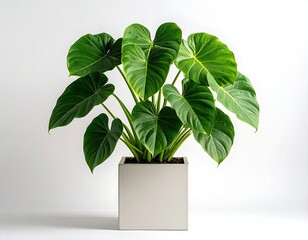 Lush, heart-shaped leaf plant in a modern square pot against white