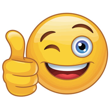 A cheerful yellow smiley face giving a thumbs up and winking