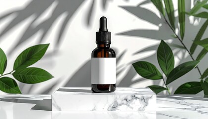 Amber glass dropper bottle on a marble stand, surrounded by green leaves and shadows