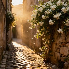 Narrow cobbled alley the air thick with the cloying scent of jas