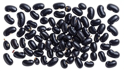 Many glossy, dark-colored legumes scattered against a stark white backdrop