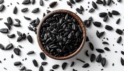 Overhead shot of a bowl overflowing with black seeds, scattered on white