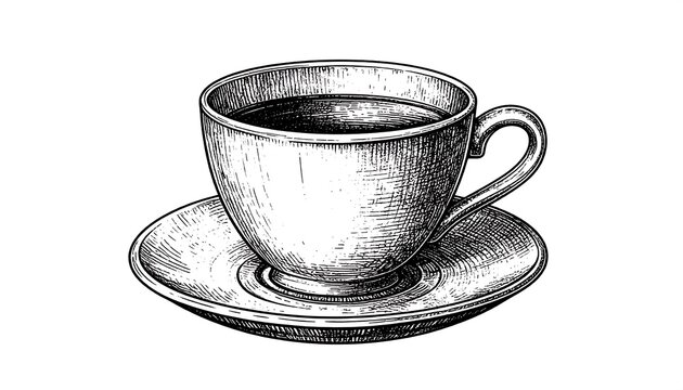 Monochrome illustration of a teacup on a saucer, filled with a dark beverage. The artwork is sketched with fine lines