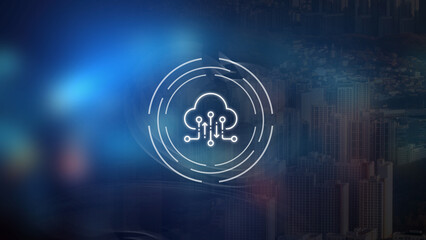 A glowing artificial intelligence of cloud computing icon with circuit connection lines floats over a blue-toned cityscape, digital data storage and global network infrastructure for smart city.
