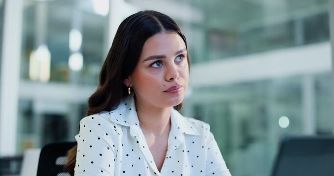 Frustrated, business woman and laptop with bad news for mistake, rejection or missed deadline. Female person, computer or glasses with regret or doubt for financial loss or investment in workplace