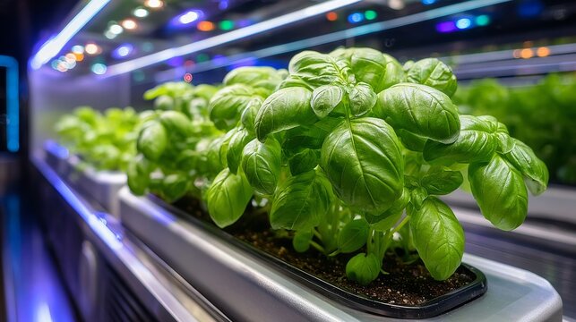 A fresh basil plant in a black pot is positioned on a sleek kitchen countertop, with a blurred interior background