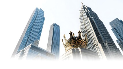 Majestic golden crown atop a pedestal, surrounded by sleek modern skyscrapers, symbolizing corporate power, success, and leadership in the urban landscape.