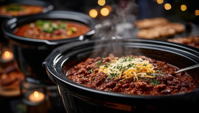 Crockpots loaded with chili are placed side by side on a multicolored striped cloth, the bean and meat stew garnished with shredded cheese, implying an outdoor food competition or informal