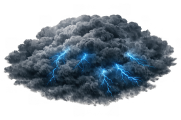Dark storm cloud producing powerful blue lightning over a transparent background, depicting severe weather and danger concepts