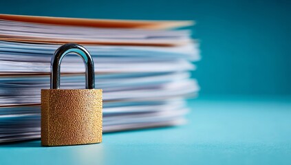 Naklejka premium On a light desk, a wooden padlock secures a collection of papers and a book, keeping confidential files safe and information protected. This embodies private business document security, the office