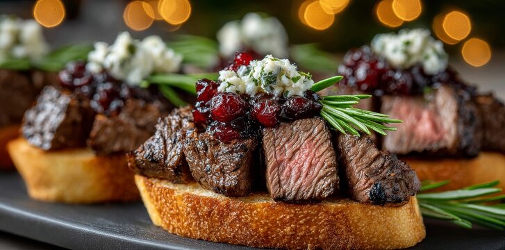 Elegant hors d'oeuvres featuring beef, cranberries, and herbs on a wooden board, ideal for holiday party catering and special occasions and celebrations
