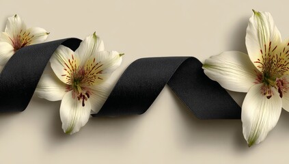 White lilies paired with a black ribbon on a white backdrop, forming a floral sympathy motif for memorial announcements, a serene tribute to remembrance and honor, with room for text