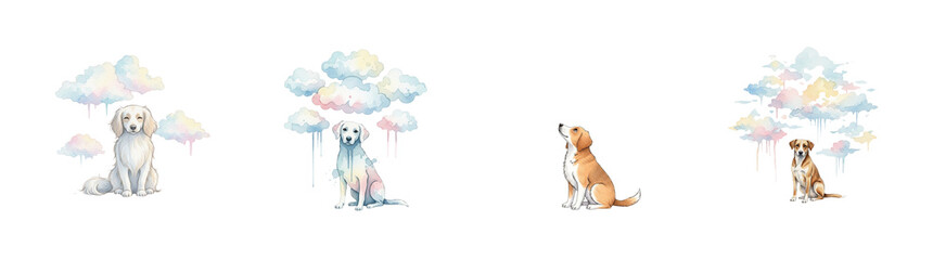 Four dogs with pastel watercolor clouds and dripping effects isolated on black transparent background