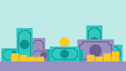 Stacks of banknotes and coins in a minimalist illustration. © Abhinaya Project