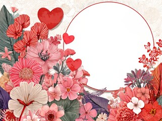 Design for a Valentine's Day greeting card: romantic watercolor frame, pink and purple hearts, splashes, and a circular white space for text