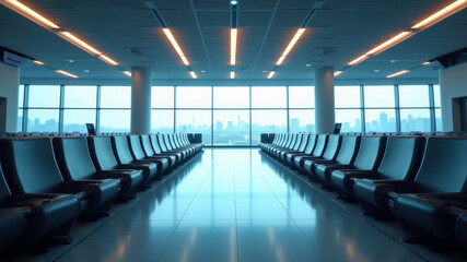 Empty passenger waiting area in airport terminal with aligned chairs and window lighting symbolizing halted boarding