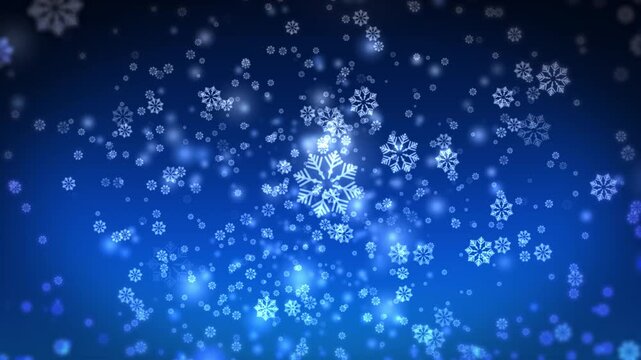 Falling snowflakes and soft bokeh particles drifting across a deep blue gradient background