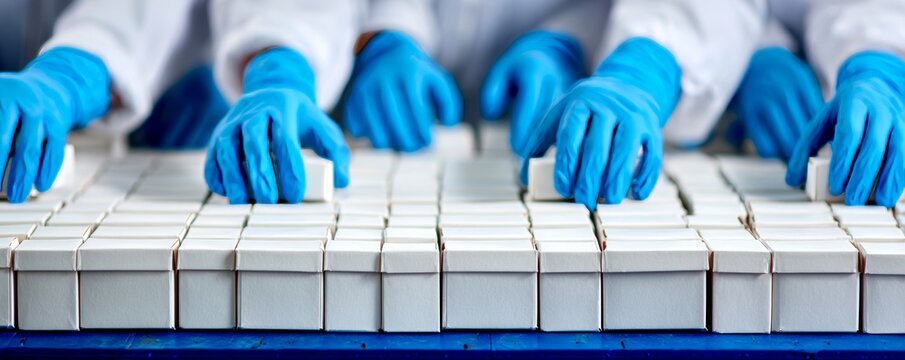 Blue‑gloved cooks prepare food for takeout containers. Chefs assemble orders for the delivery service. Staff pack lunch boxes in the commercial kitchen