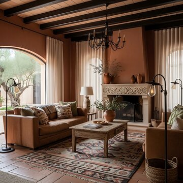 Cozy Living Room with Fireplace and Earthy Tones.