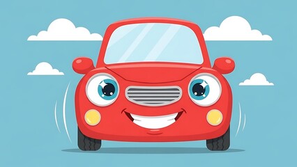 Smiling red cartoon car driving fast.