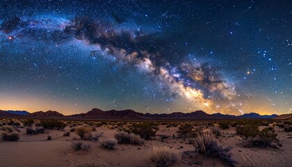 Fototapeta premium Ultra-realistic astrophotography style image of Milky Way galaxy above desert landscape, accurate star distribution, natural night colors, cinematic wide shot, premium space stock realism