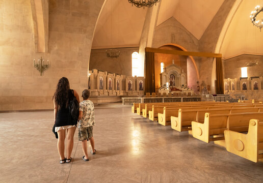 People travel in interior of church of Yerevan city, Armenia	