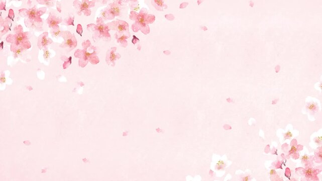淡いピンクの背景に桜の花びらが舞い散る美しいアニメーション動画　水彩画の春の背景素材