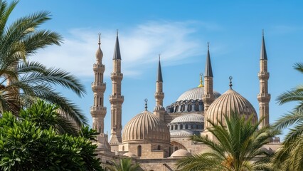 Naklejka premium Grand mosque architecture with majestic domes and towers surrounded by palm trees under vibrant blue sky