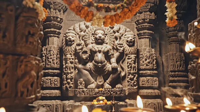 Narasimha Jayanti background with lion motifs and temple carvings for Hindu festival design