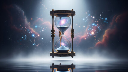 Conceptual ultra realistic hourglass surrounded by glowing particles, symbolizing time, urgency, balance, change, and the flow of life.