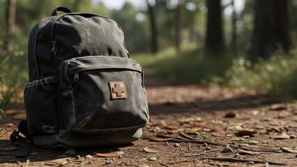 Black backpack on forest path with trees in background, surrounded by sunlit greenery and fallen leaves